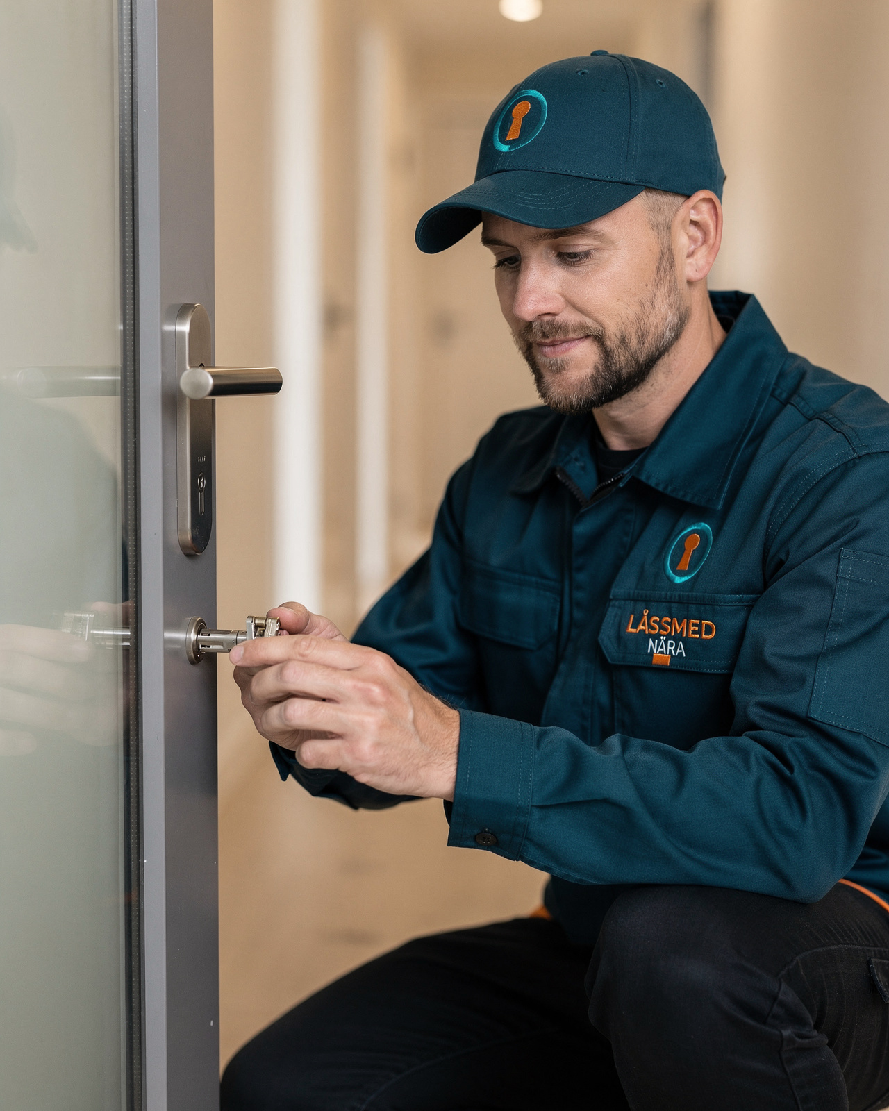 Låssmed från Låssmed Nära arbetar med ett dörrlås i Göteborg